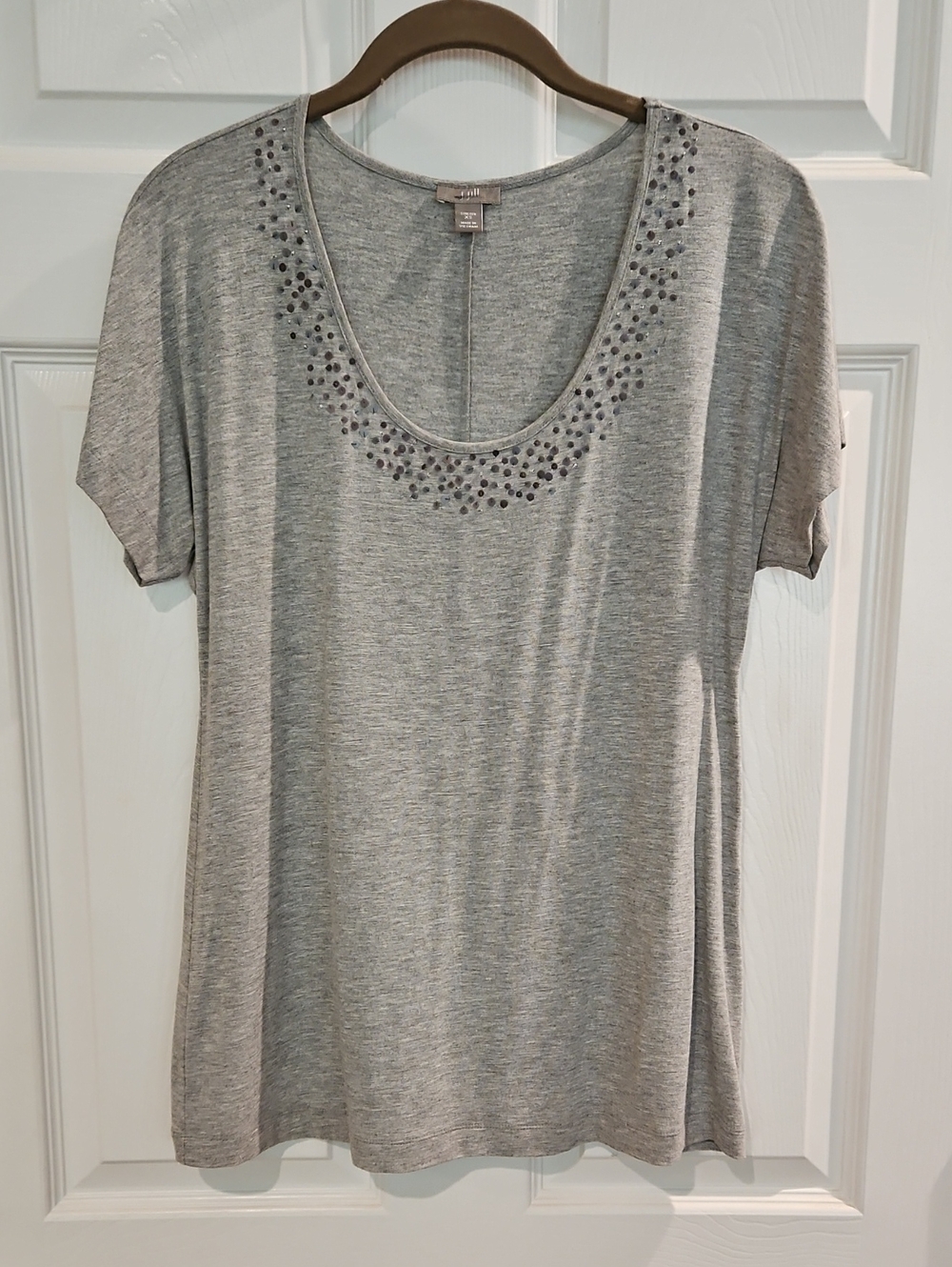 J Jill Gray Scoop Neck Short-Sleeve Tee with Neckline Embellishment
